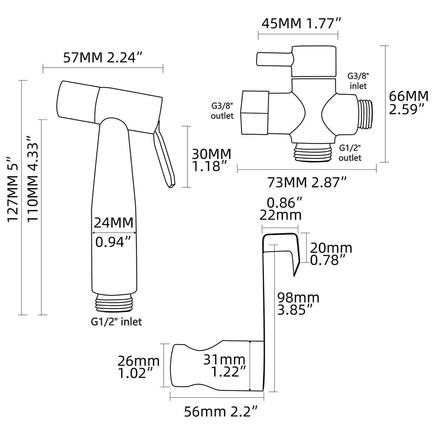 Tecmolog Bidet Sprayer Set with 3-way diverter valve, 3/8"-12/17 hose, and drill-free shower head holder in brushed nickel, WS024F8