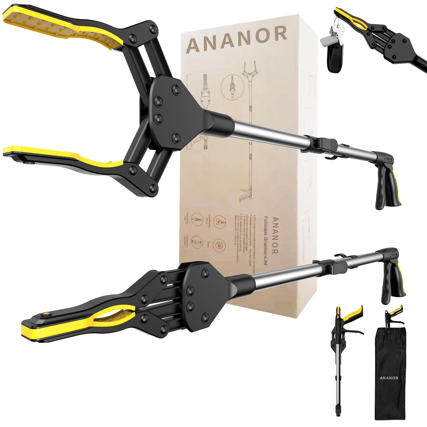 ANANOR 2 x 81 cm Foldable Reaching Grabber for Seniors, Upgraded Wide Jaws with 360° Rotating Head & 2 Storage Bags, Sturdy Grabber with Magnet Grab Arm, Trash Grabber Tool, Arm Extension