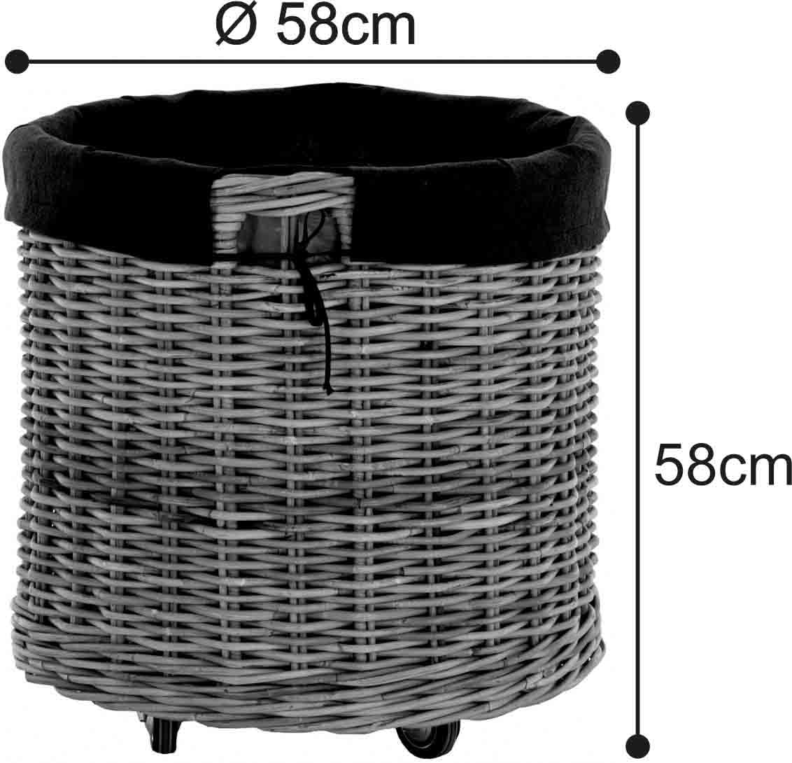 Large wheeled trolley with handles/wooden cart with wheels made of gray natural rattan/storage wood cart wheels fireplace wood basket fireplace utility basket with liner (round)