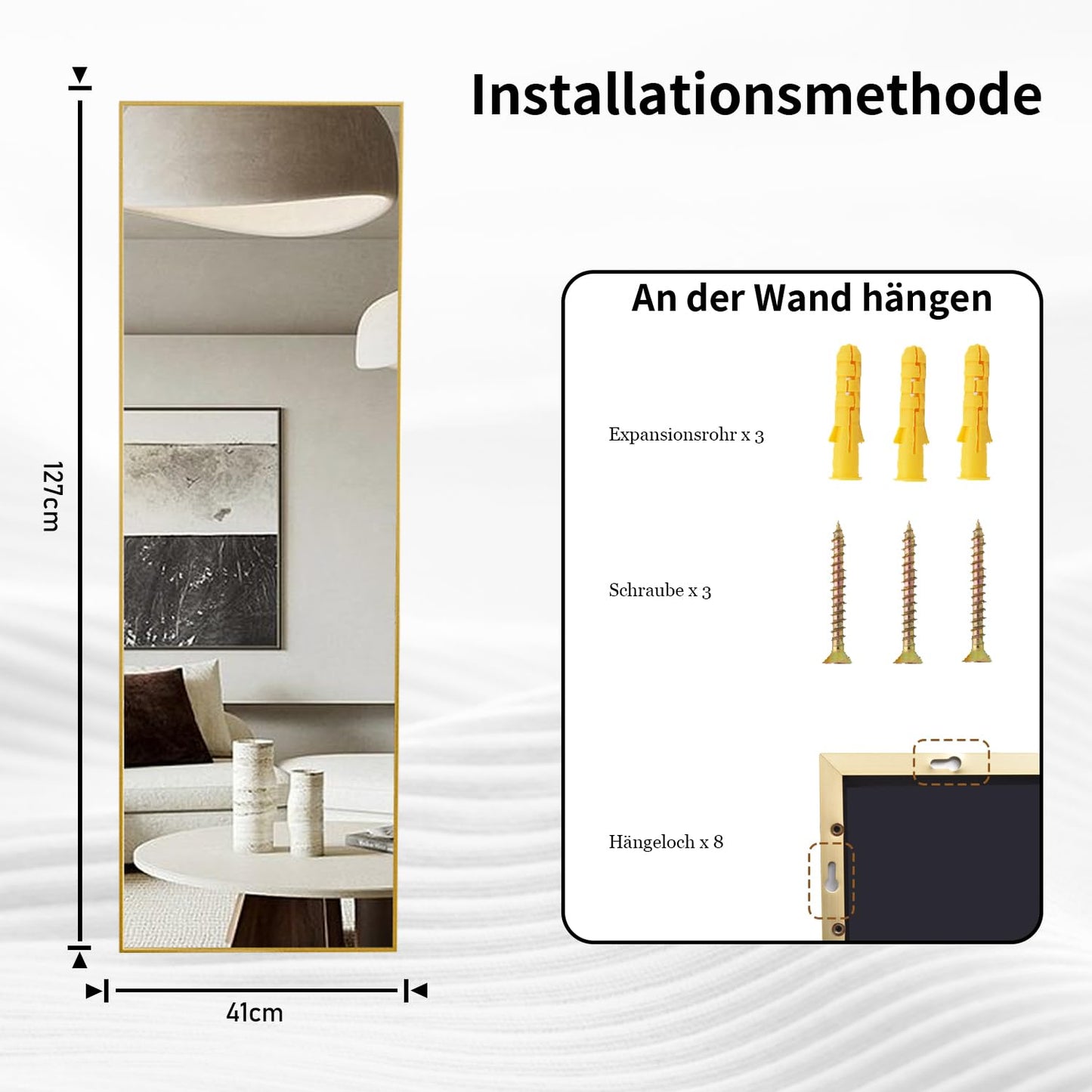 Koonmi full-body mirror, 41x127cm wall mirror with 2 adjustable hanging hooks, hanging mirror with aluminum alloy frame for wardrobe and bedroom, black