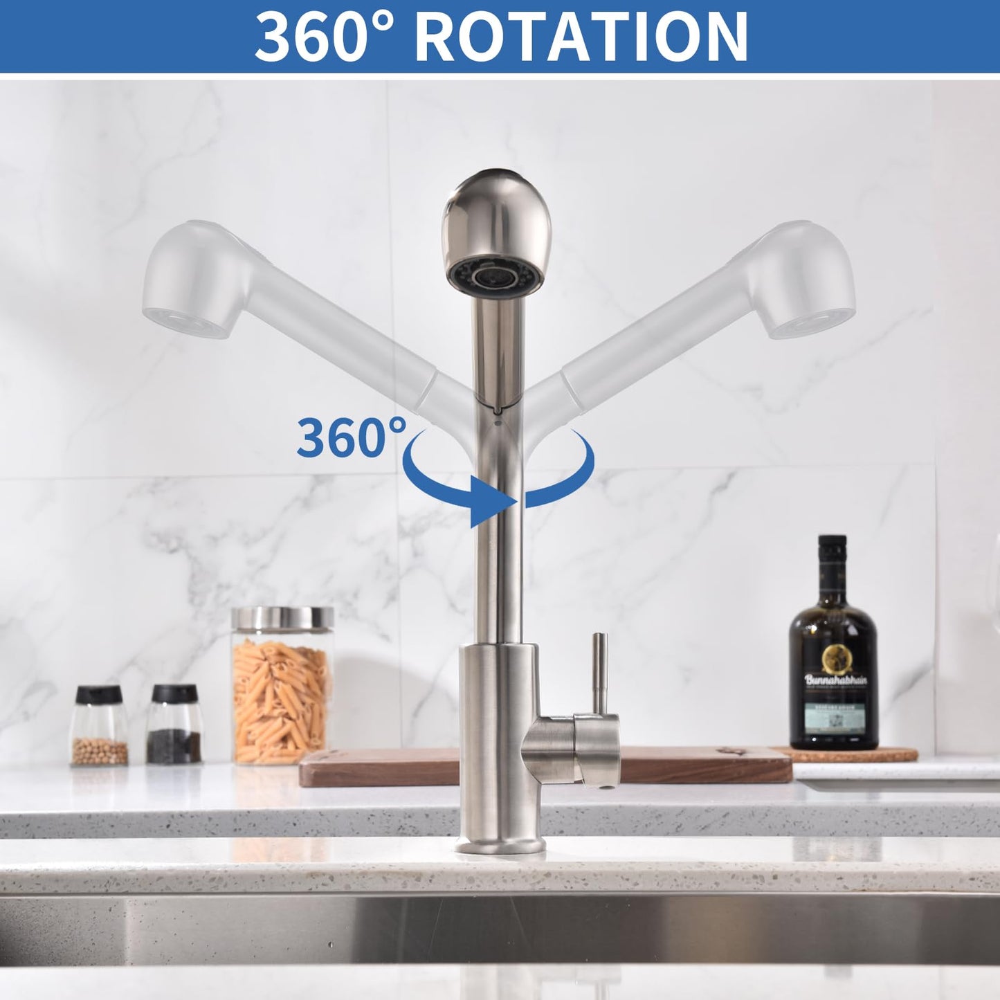 HOMELODY kitchen faucet with 2 spray modes pull-out sprayer sink faucet with spray 304 stainless steel kitchen faucet high pressure mixer 360° swivel single lever faucet, brushed