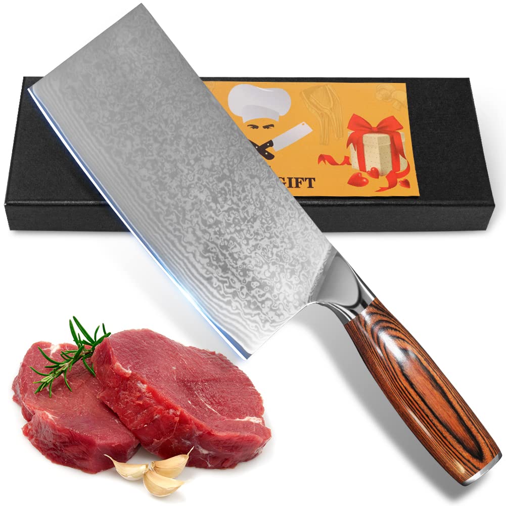 Home Safety Damascus Knife Sharp Damascus Chef's Knife - Professional Meat Knife made of authentic Damascus steel for kitchen - Hand-forged Cleaver, non-slip Pakkawood handle + Gift box