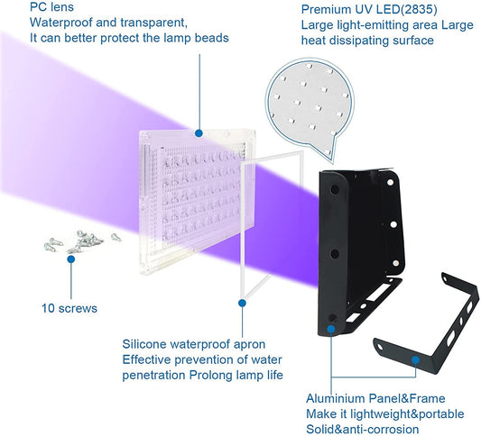 2x 50W LED blacklight projectors, UV floodlights with plug, waterproof IP65 blacklight lamp, fluorescent blacklight with switch, UV spotlight party light for bar, neon colors, party decoration