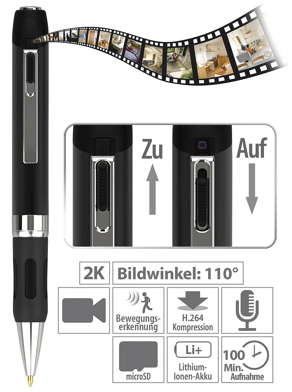 OctaCam pen camera with 2k video, motion detection, and photo function.