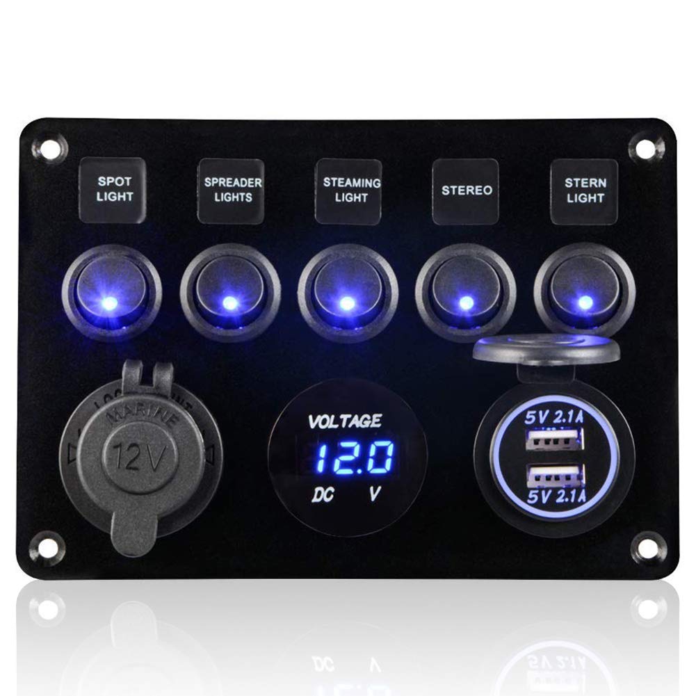5-speed switch panel, 12V/24V toggle switch panel IP65 waterproof LED voltmeter dual USB socket charger for car boat marine RV truck camper vehicles (blue)