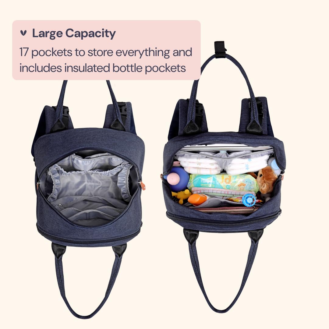 BabbleRoo Diaper Bag Backpack - Large Capacity, 17 Pockets, Water-Resistant - with Changing Pad, Removable Pacifier Holder, Stroller Straps - Travel Backpack for Mom & Dad