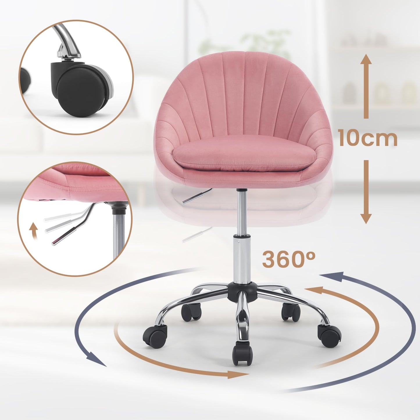 WOLTU home office chair, ergonomic office chair, swivel vanity chair, swivel chair with casters, desk chair with 150 kg weight capacity, for study bedroom, velvet, pink, BS167rs