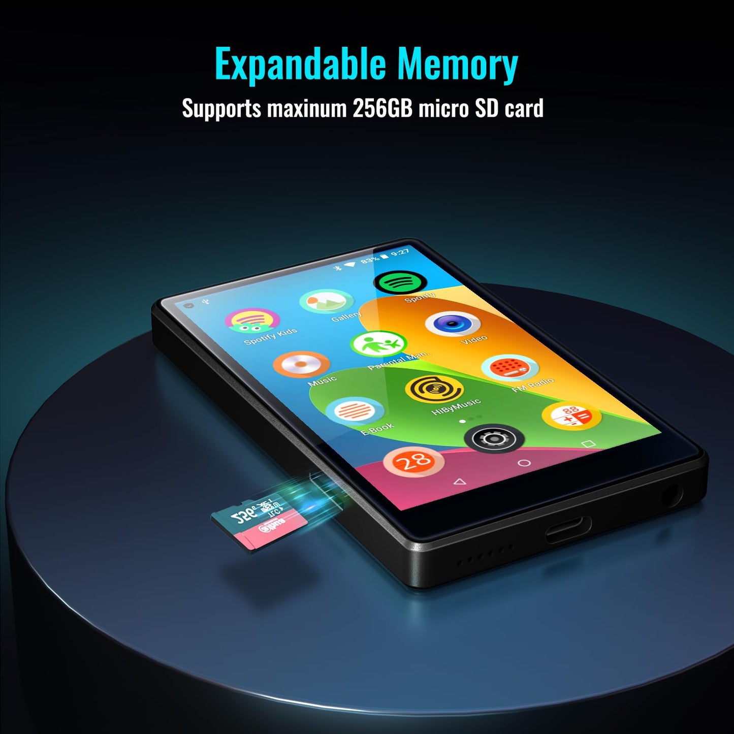 MP3 player with Bluetooth for Spotify Kids, Spotify, Audible, Browser (removable), Amazon Music, 4.0 inch IPS MP4 music player Up to 256GB.