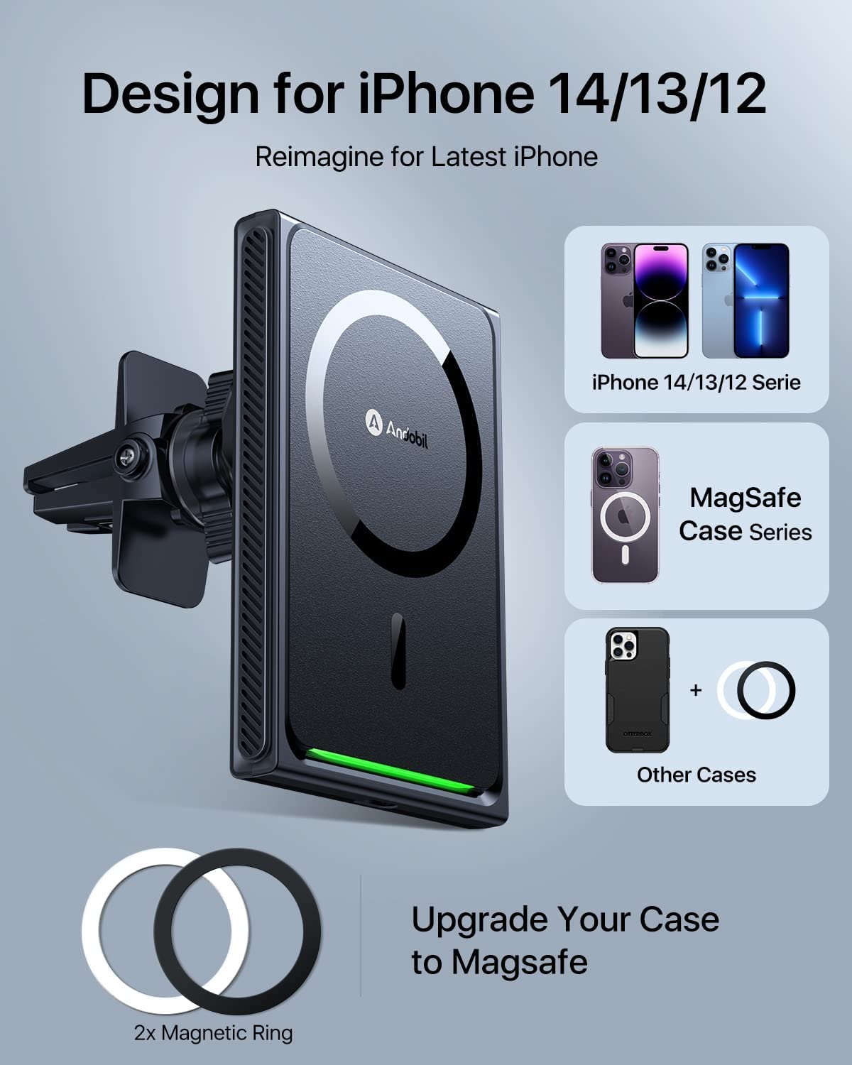 andobil mobile phone holder with MagSafe charging function. Suitable for iPhone 16 series with 15W wireless charging capability. KFZ Wireless Car Fast Charger Qi charger for iPhone 16/15/14/13/12 Pro Max.