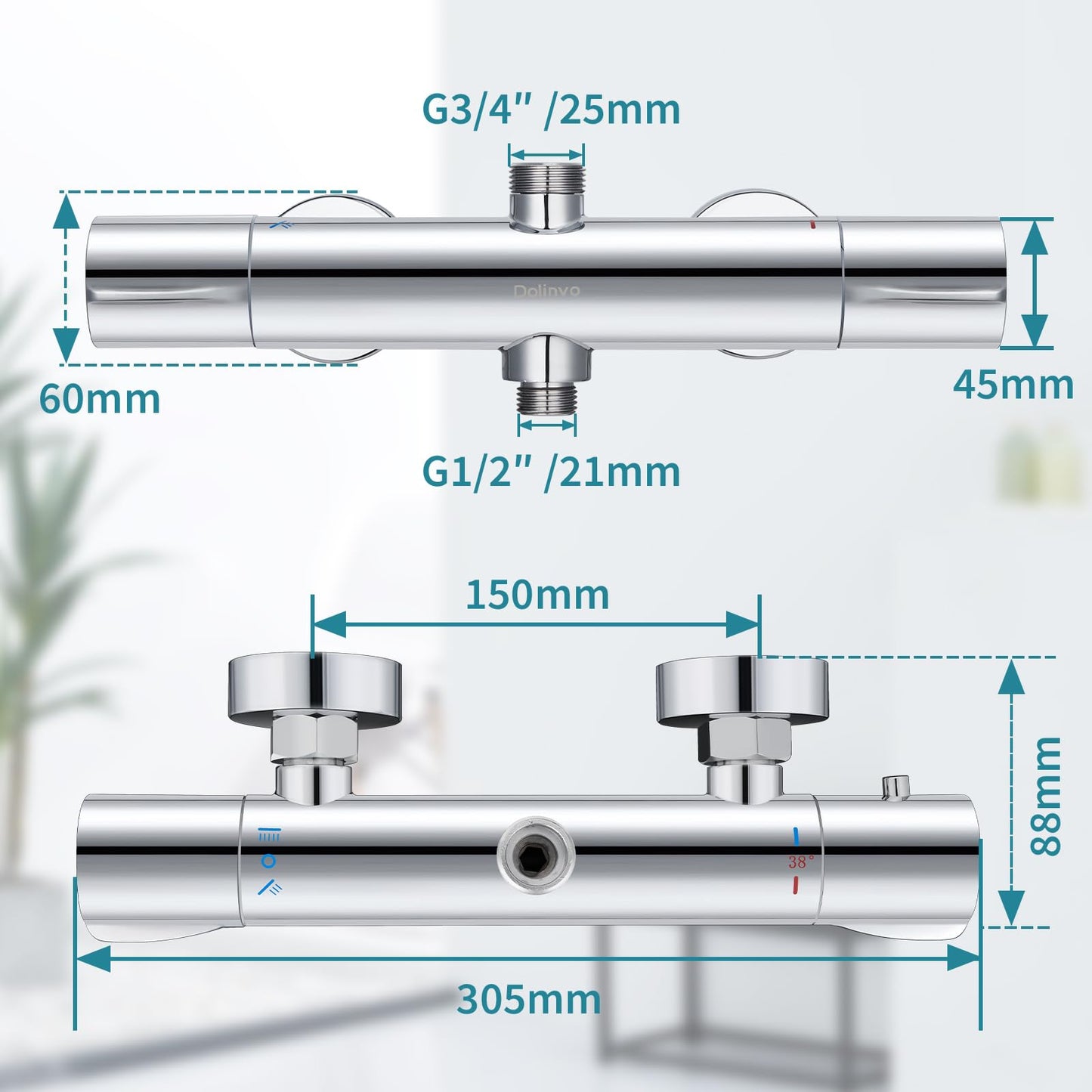Shower Thermostat Mixer Tap Chrome, Dolinvo Shower Faucet Mixer with 38°C Safety Button & 2 Outlets, Round Shower Thermostat Mixer with Scald Protection & Water Saving Function