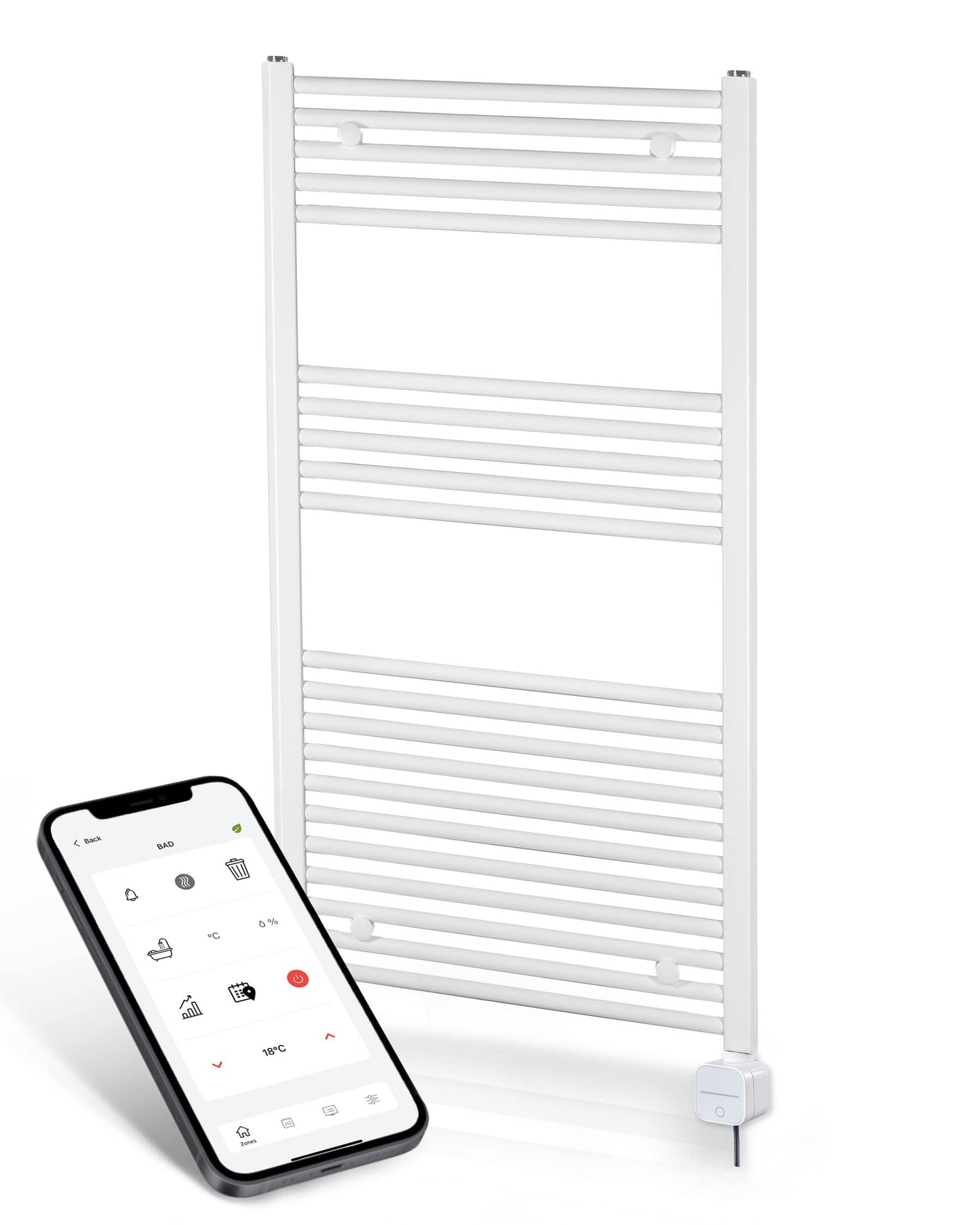 Electric bathroom radiator - WiFi control via APP - Towel radiator - Electric bathroom heating - Towel heater - Made in Germany - Curved towel warmer White 1175 × 500 mm