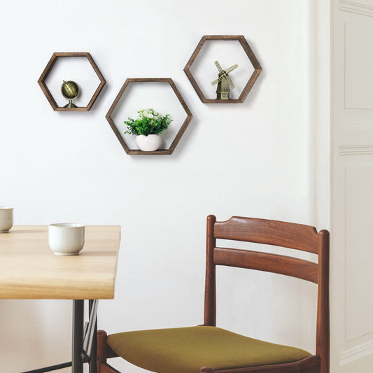 YBING Floating Hexagon Shelf Wooden Wall Shelf (Brown-6 Pack)