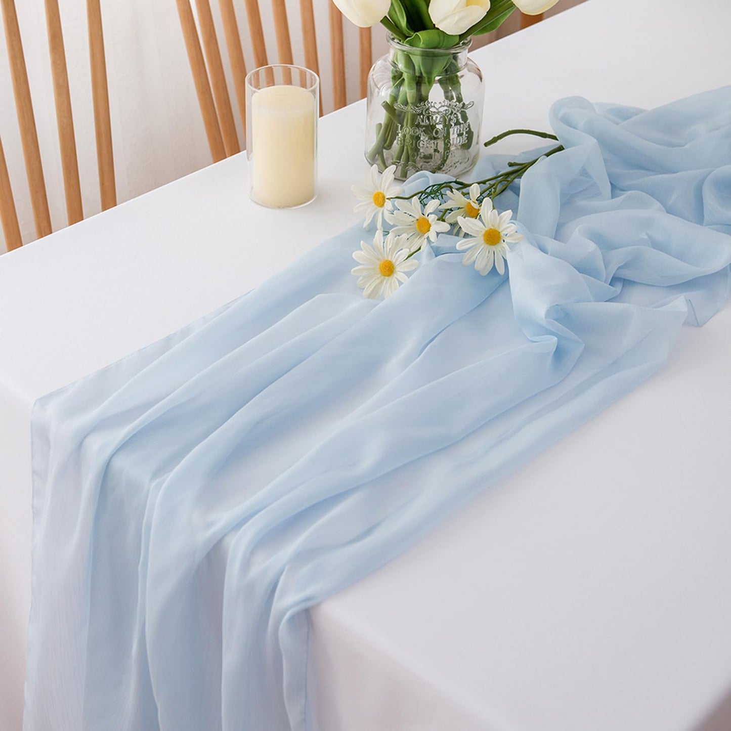 CHUQING Light Blue Chiffon Table Runner Blue Chiffon Fabric Transverse Curtain Decoration Fabric 4m x 70 cm Blue Runner Table