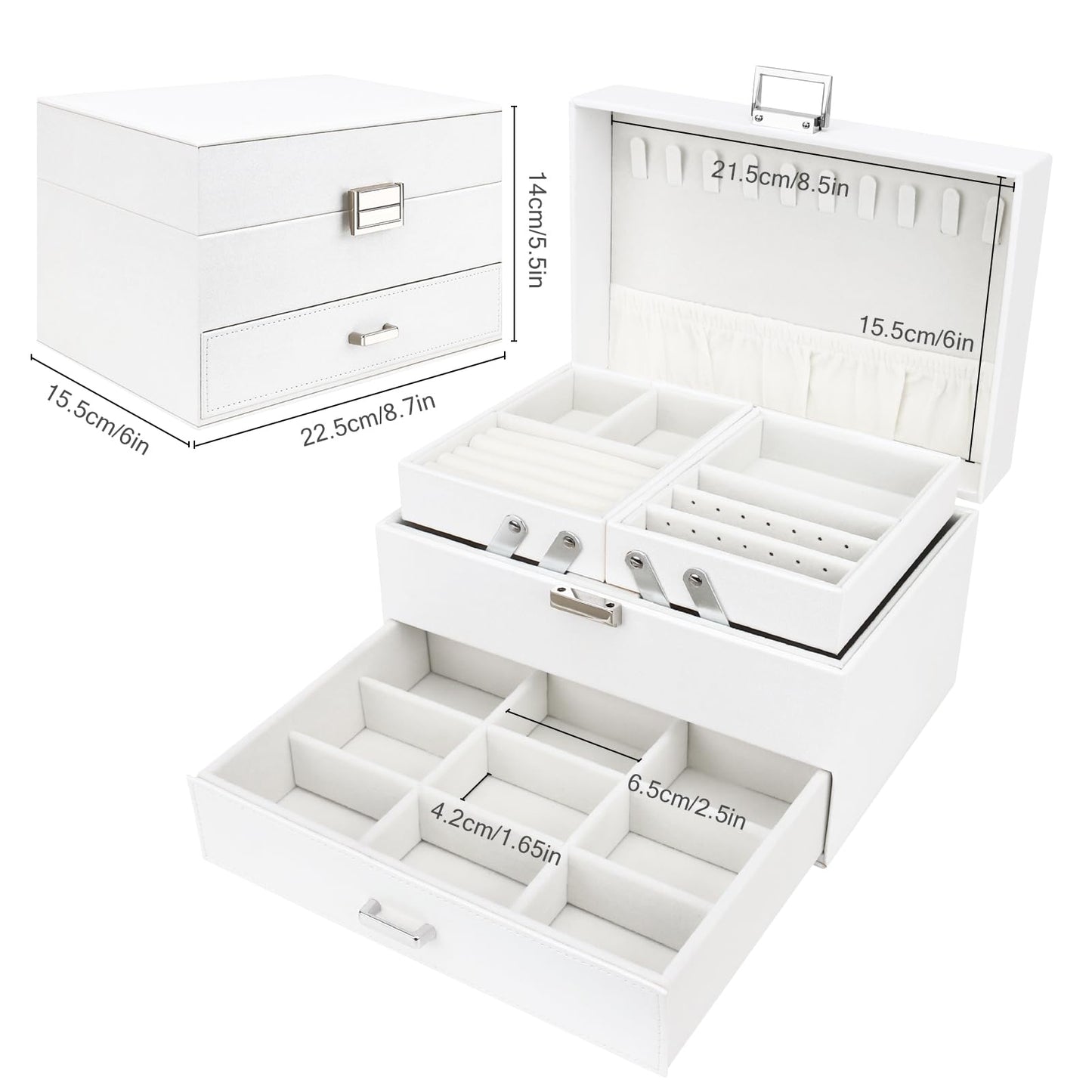 Jewelry box, jewelry case with drawers for women girls, PU leather jewelry box jewelry box jewelry case large jewelry storage for rings earrings bracelets necklaces, white.