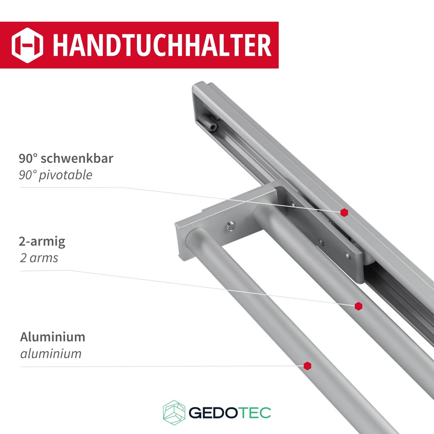 Gedotec Towel Holder | H6008 | 2-armed extendable towel pull-out | 1 piece | Dish towel holder length 465 mm in silver | Bathroom & kitchen cabinet towel rail swivel 90ยฐ | Made in Germany