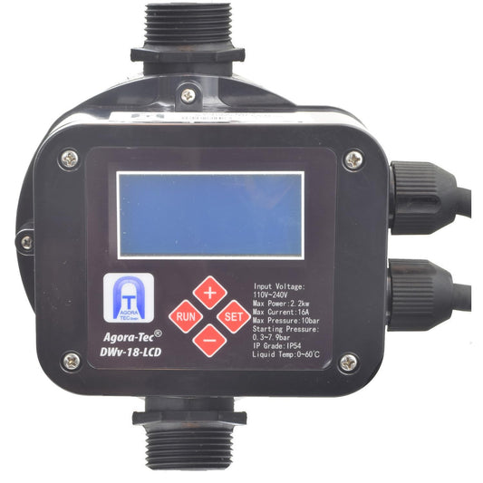 Agora-Tec® Pump control pressure switch flow monitor DWv-18-LCD wired (adjustable on/off pressure) with dry run protection, overpressure monitoring, leakage indication.