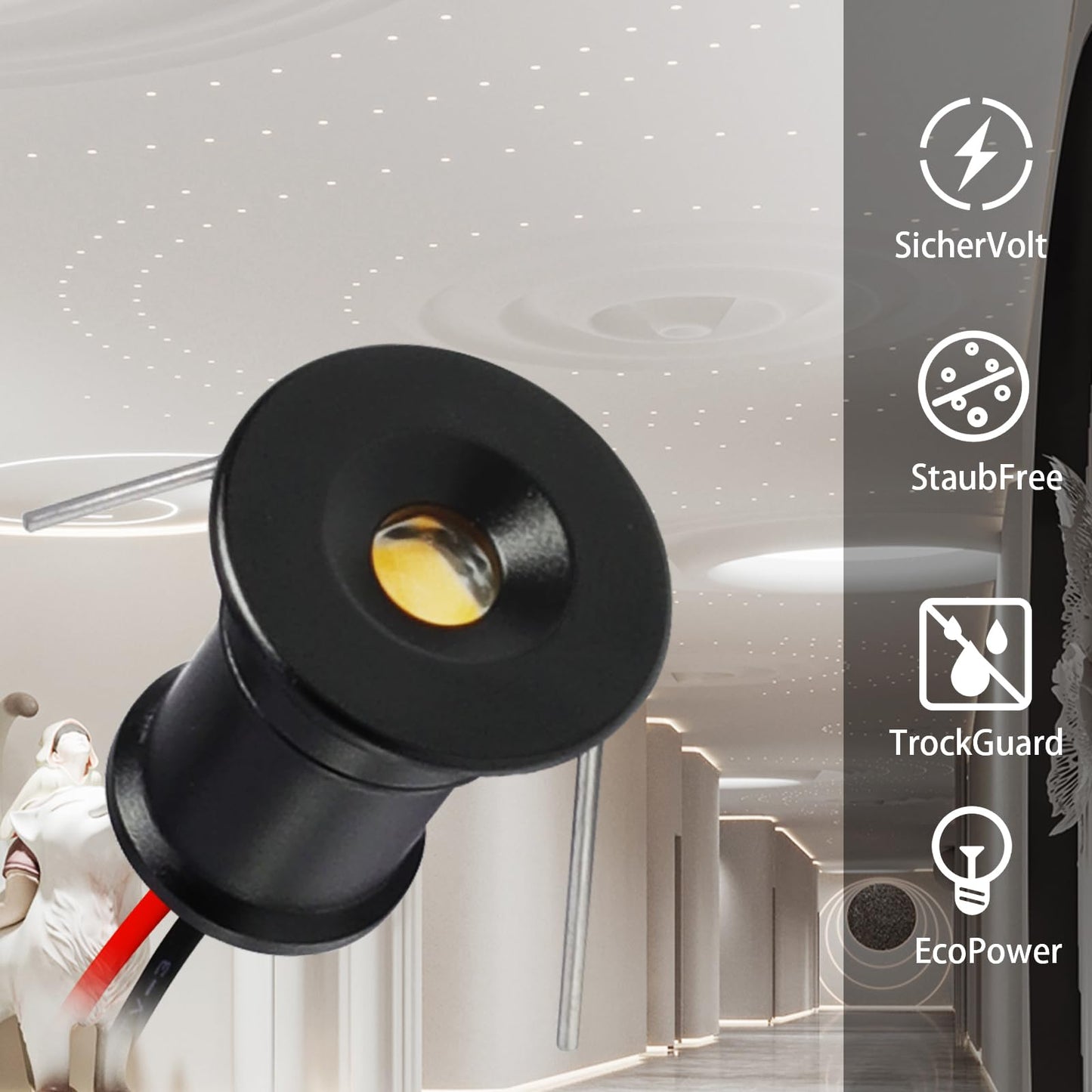 kpslucerna Mini LED Spot recessed ceiling light 9 pieces 12V 1W, the built-in lamp, IP65 spot, Built-in ceiling light for kitchen, stairs, closet, hallway (Black cover warm white 120°)