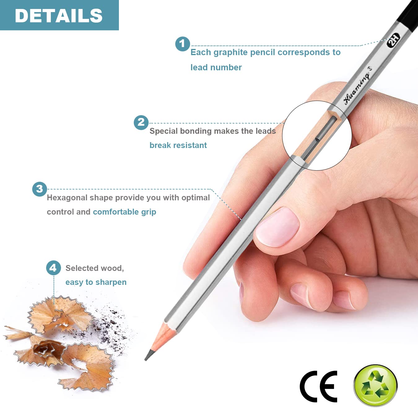 Surcotto Pencil Set, 21 pencils with 1 sharpener, 2 erasers, 1 extender, 3 paper stumps. Professional drawing set for beginners, metal case, range from 10B to 4H, total of 30 pieces.