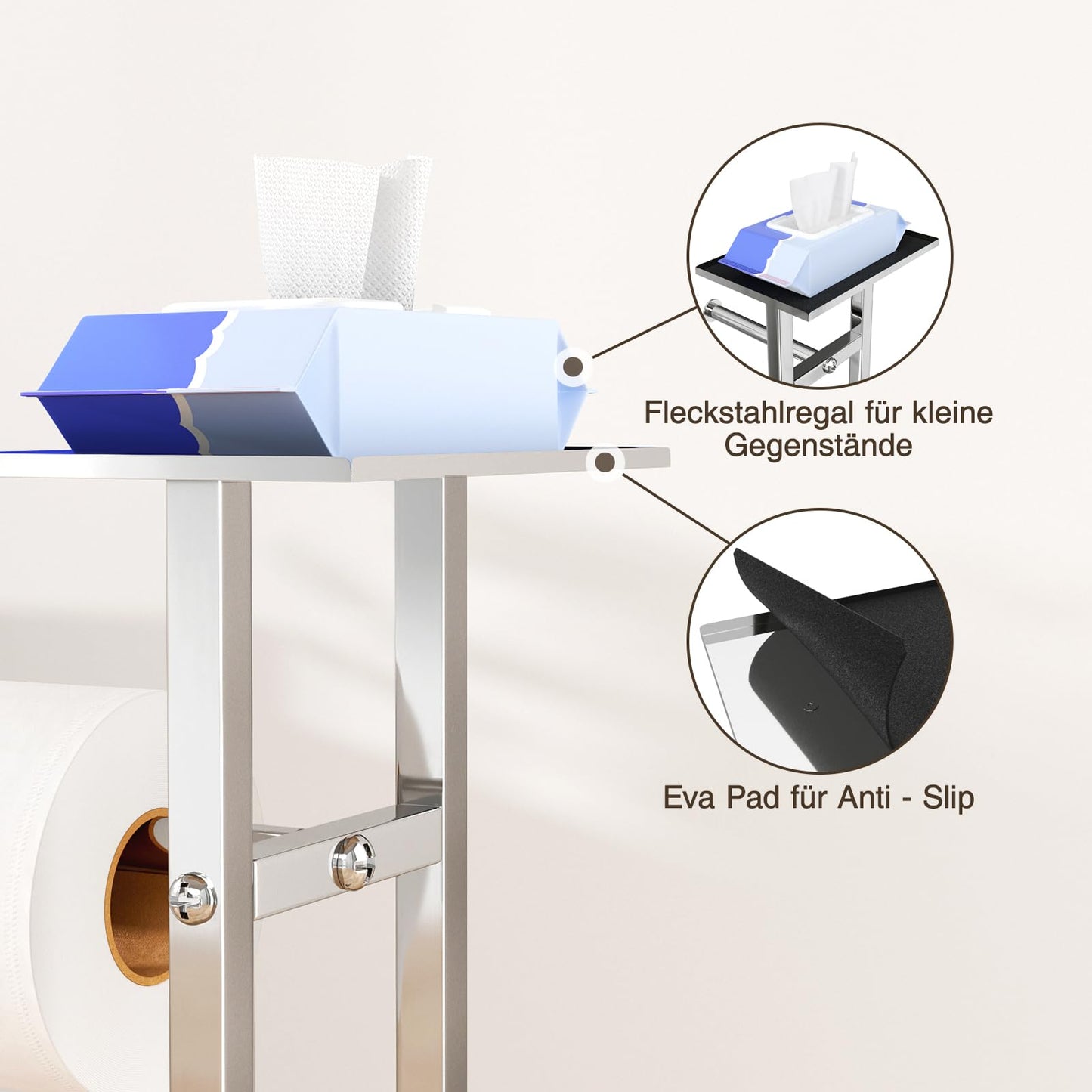 Stainless Steel Freestanding Toilet Paper Holder with Toilet Brush - Toilet Paper Holder with Tray, Toilet Paper Holder with Toilet Brush, Toilet Roll Holder with Glass Shelf (Silver)