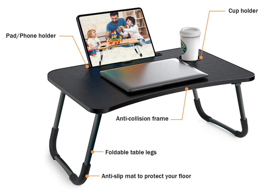 Laptop table, tray table, foldable and portable laptop bed table, reading table, breakfast tray, notebook table, drink holder, book tray, for living room, office, and on the go, sofa or floor | 60 x 40 cm, black