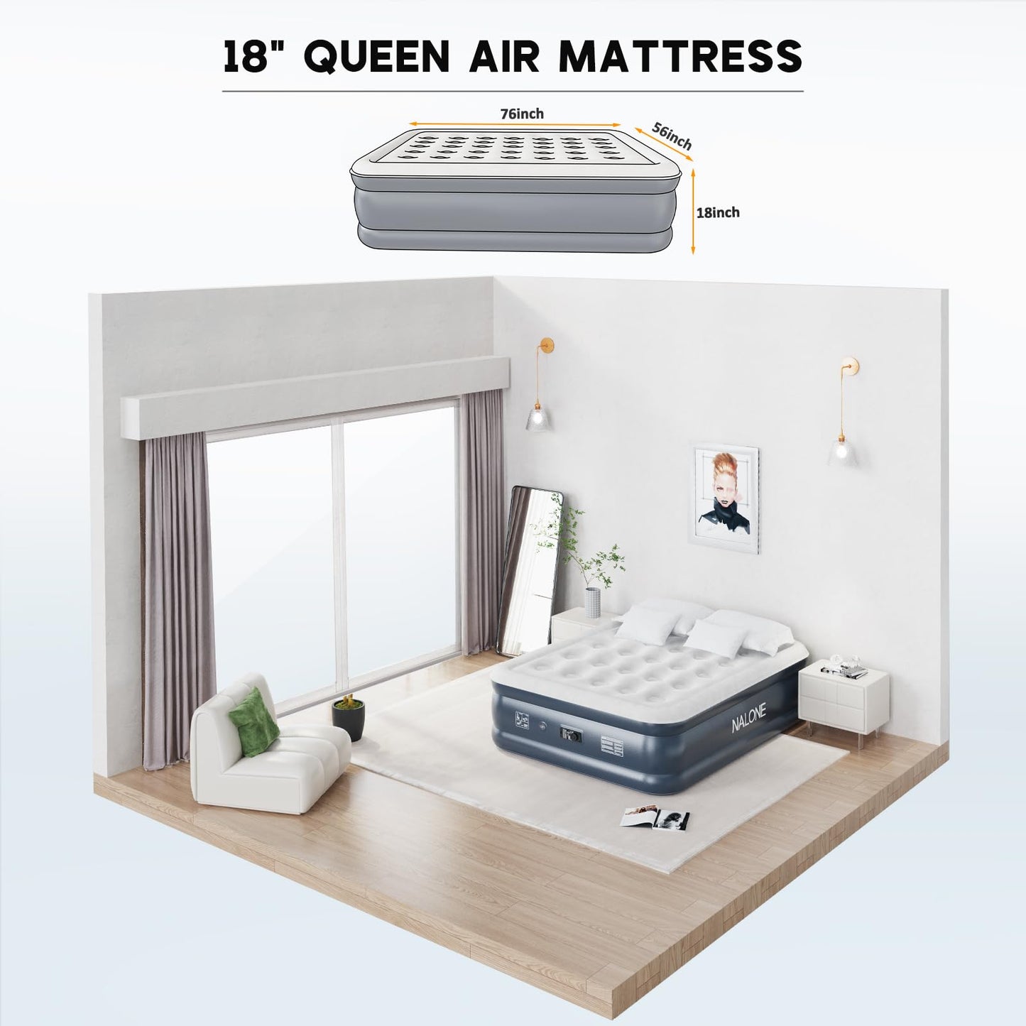 NALONE Air Mattress for 2 Persons, Self-Inflating Air Mattress with Integrated Pump, Self-Inflating Air Bed in 3 Minutes, Inflatable Mattress for Camping & Home Use (Queen)