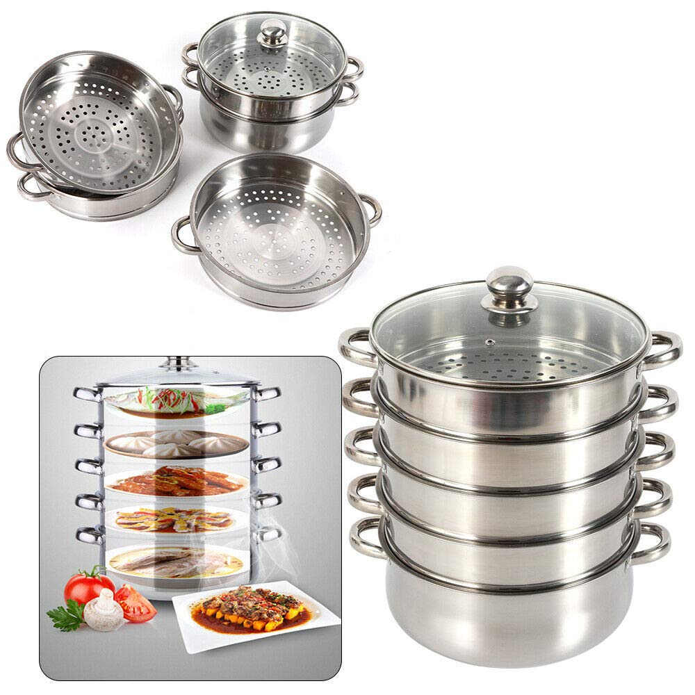 Steamer pot, 5-tier stackable stainless steel steamer pan with glass lid, diameter 26/28/30cm (28cm)