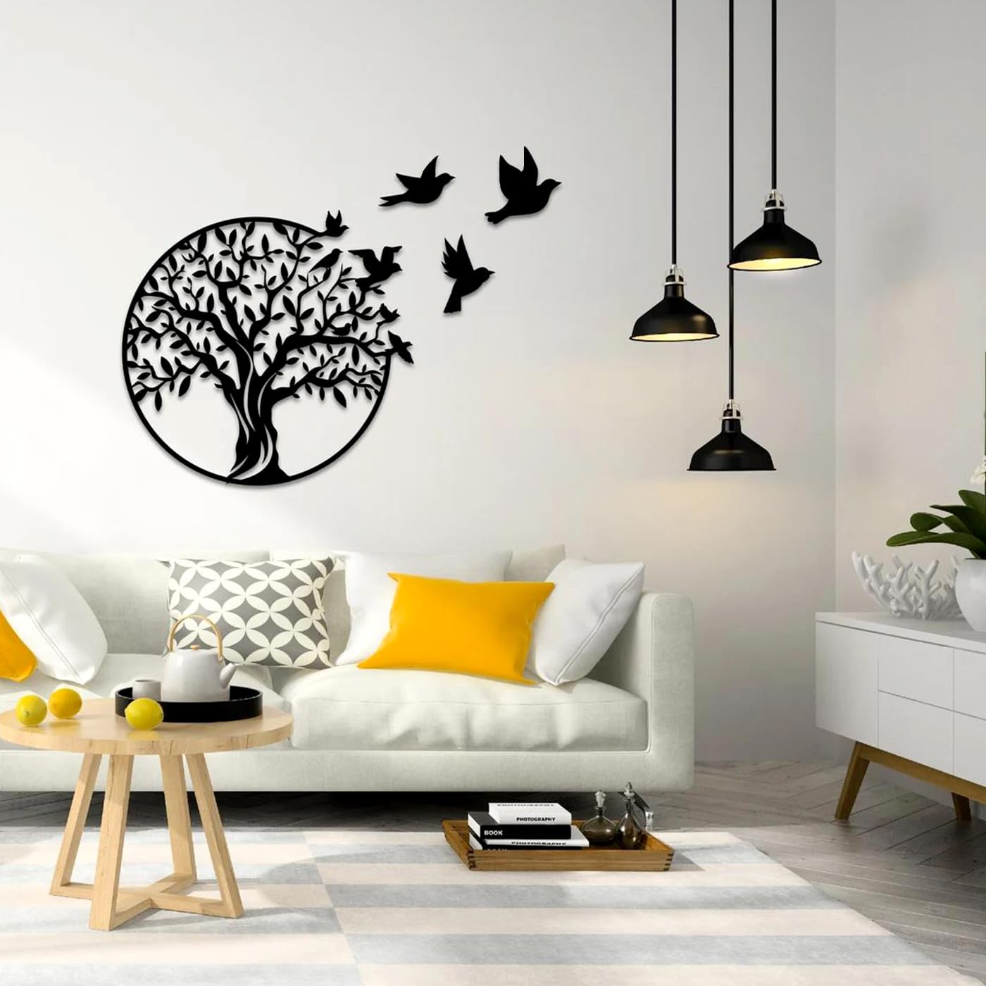 Luccyle metal wall art, Metal Tree of Life wall decoration silhouette, family tree with birds on branch, home decor for bedroom, living room, kitchen (Black, 49x49cm)