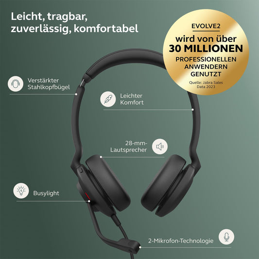 Jabra Evolve2 30 SE - Wired stereo headset with noise cancellation and 2-microphone technology - includes USB-C cable - Compatible with all leading Unified Communications platforms - Black