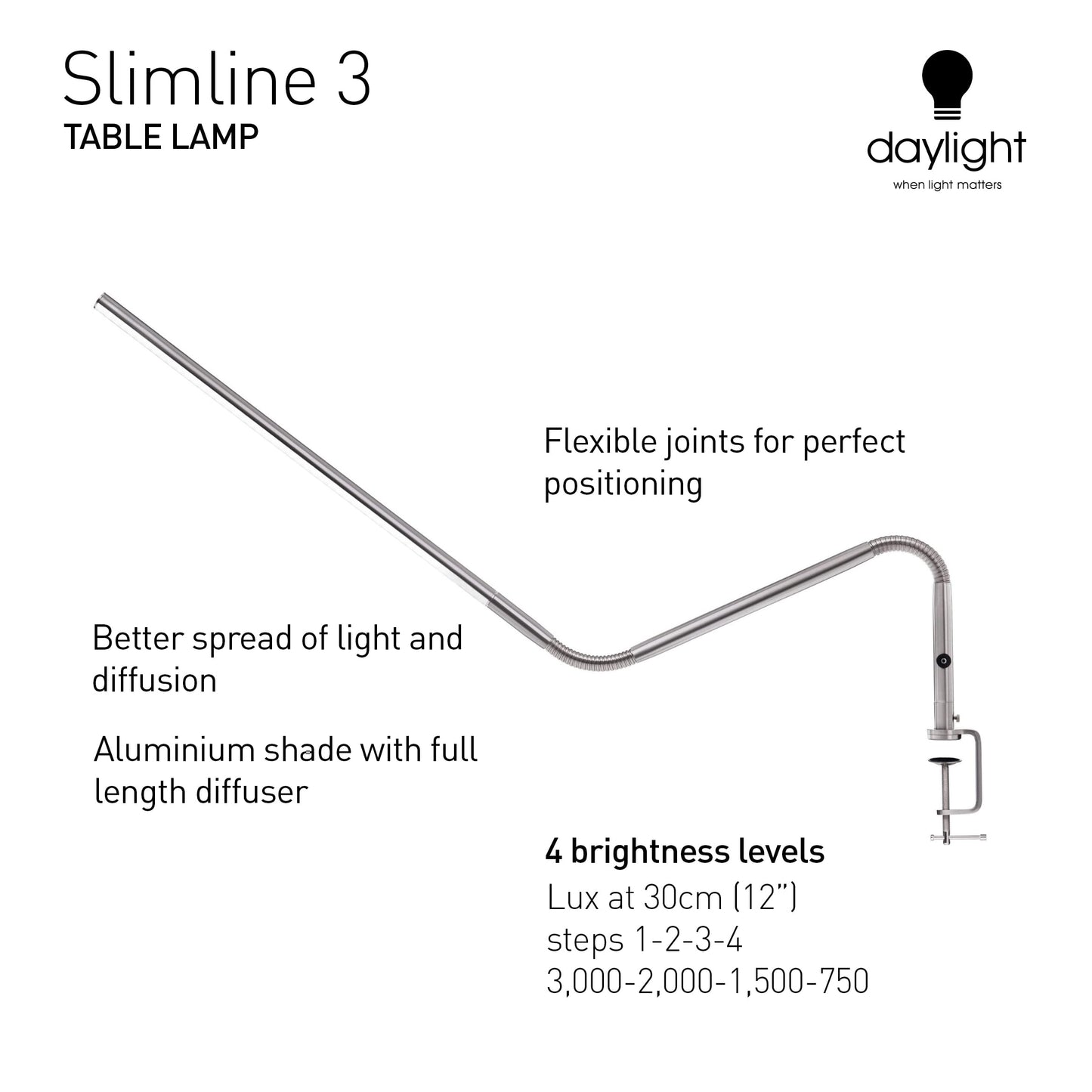 daylight Slimline 3 Table Lamp - LED desk lamp, touch dimmable, perfect for sewing, quilting, PMU & crafts, 13W, White