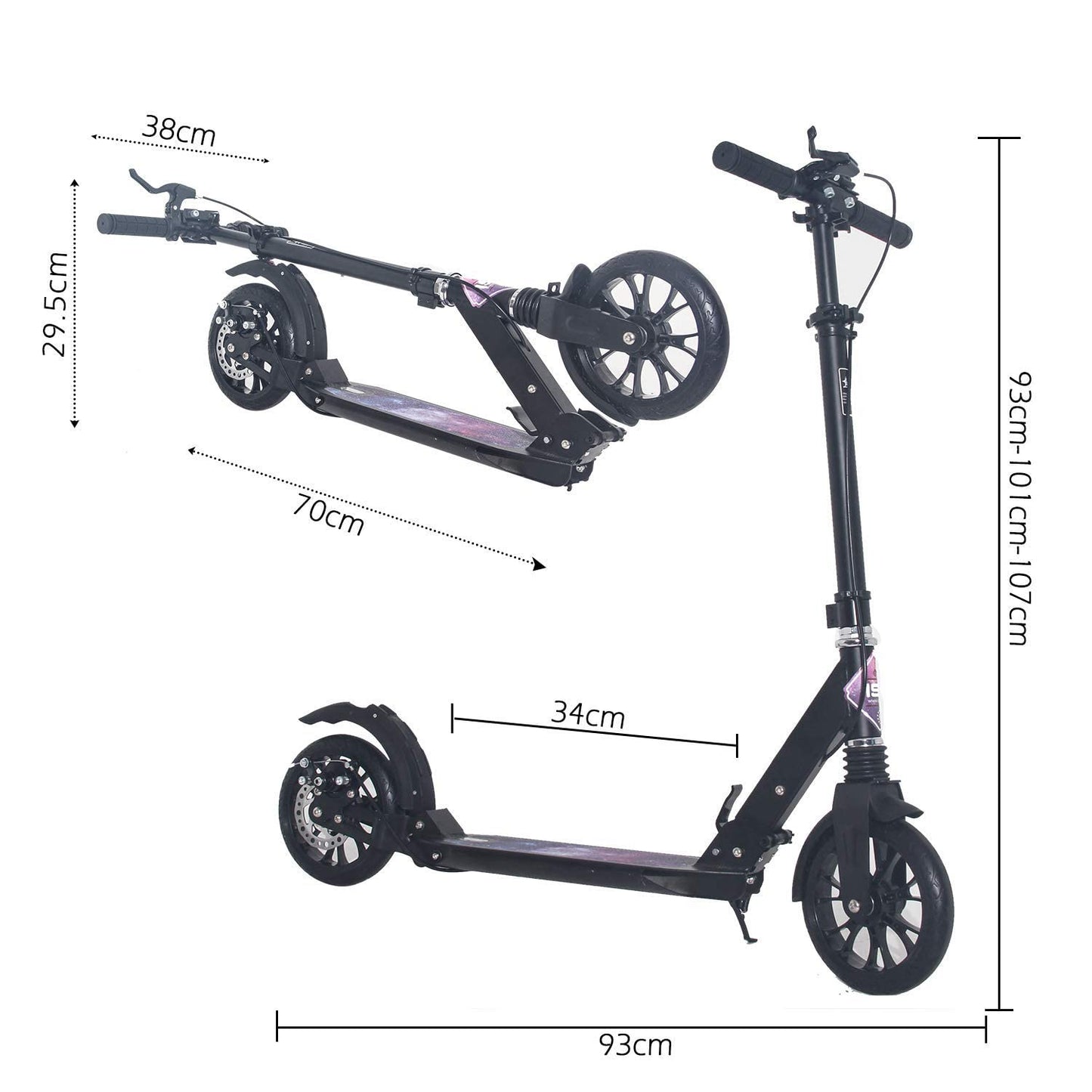 ISE Big Wheel Scooter 200mm Foldable City Scooter with 2 Wheels, Handbrake for Adults and Children, 2 Color Options, High Quality (Starry Sky Style)