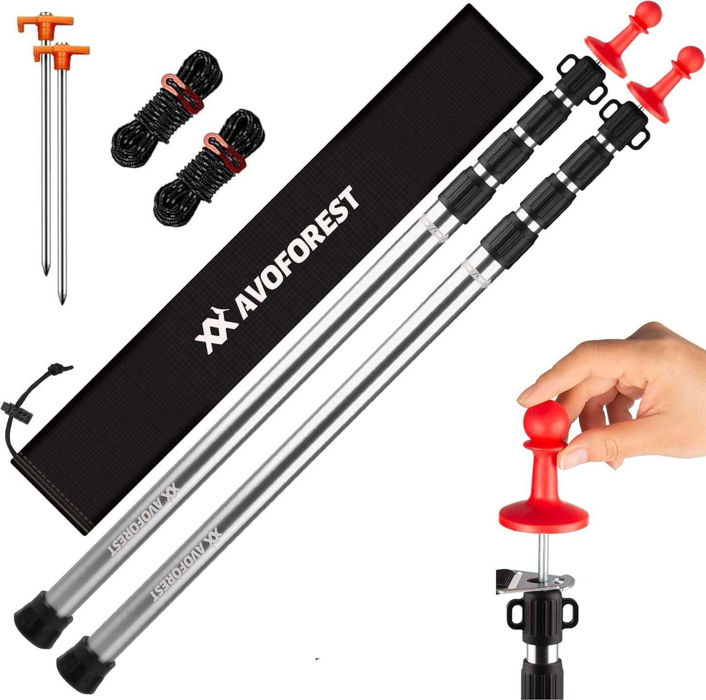 AVOFOREST Tent Pole Telescopic Rod for Tents,Telescopic Aluminum Tent Pole,Height 88–265 cm,Sunshade Pole Stormproof and Weatherproof,Tent Poles for Tarp (2, Silver)