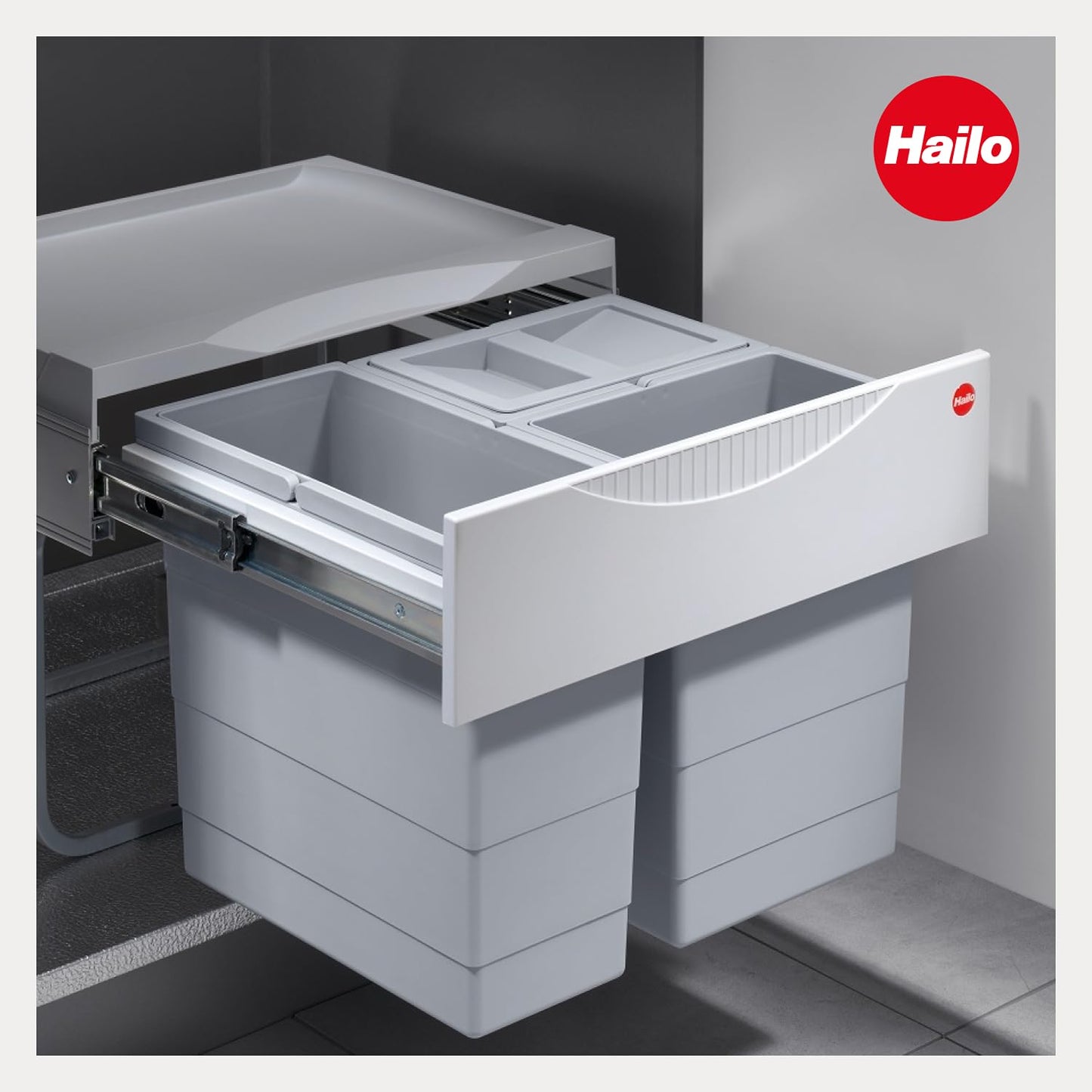 Hailo Space-saving Tandem 3644731 built-in waste separator with 3 compartments - kitchen trash can for installation in the base cabinet - 12 and 2x 8 L - waste bin with full extension for revolving door cabinets from 50 cm - Light grey