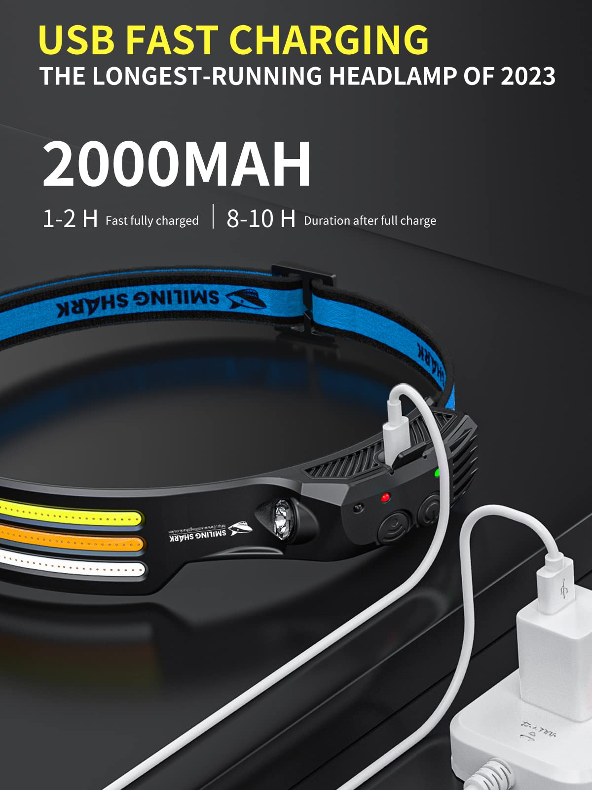 Smiling Shark headlamp, 230° wide angle 3-color LED strip 2 pack headlight rechargeable with waterproof headlamp for camping, jogging, fishing, LED headlight camping headlamp