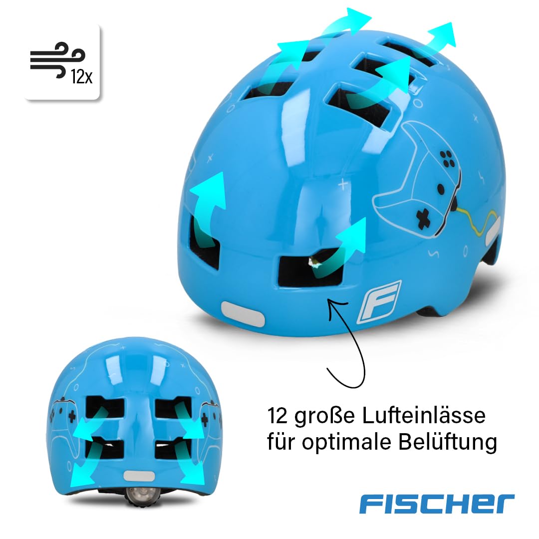 FISCHER BMX bike helmet, dirt bike helmet Plus game, XS/S, 48-54cm, blue, with integrated LED rear light.
