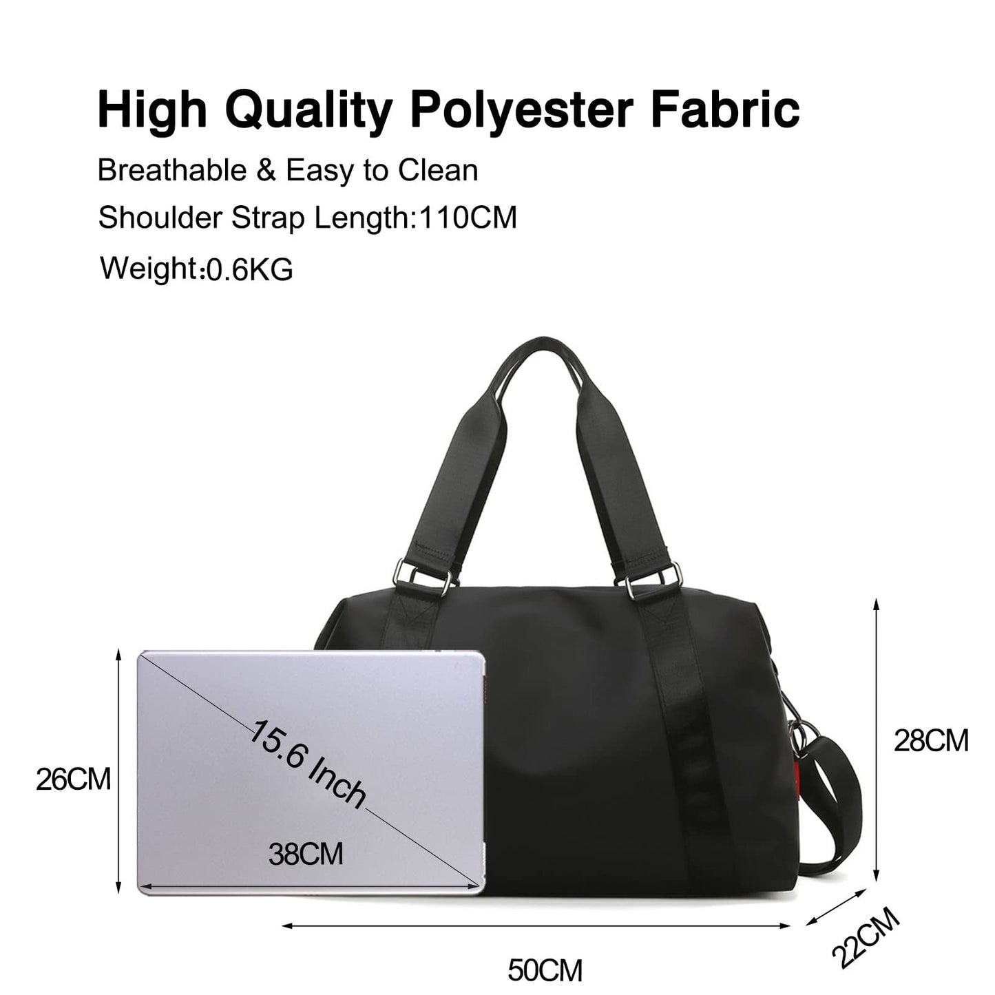 FANDARE Ultralight Travel Bags Carry-on Sports Bag for Men and Women Shoulder Bag Overnight Weekend Clinic Handbag Swim Bag Training Bag Black