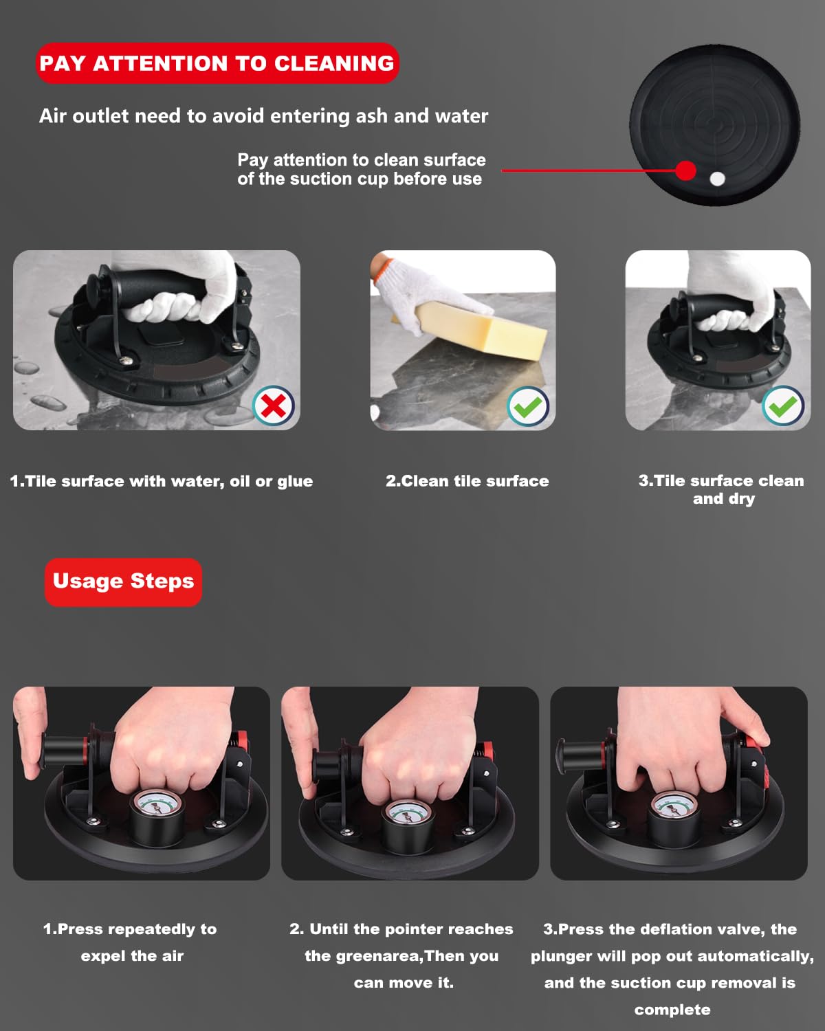 2 pack 8" Vacuum Suction Cup with Manometer Tile Lifter, Glass Lifter, Load Capacity up to 250 KG, Suction Cup for Tiles, Glass, Laminate, including Portable Tool Box