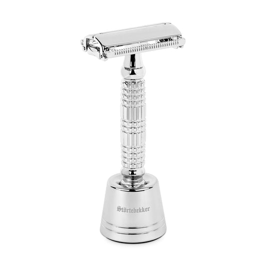 Störtebekker® Premium Safety Razor 'Hamburg' in set with razor stand 'Hamburg' - Silver - high-quality accessory for your bathroom - non-slip base - sturdy stand - 125g - gift idea