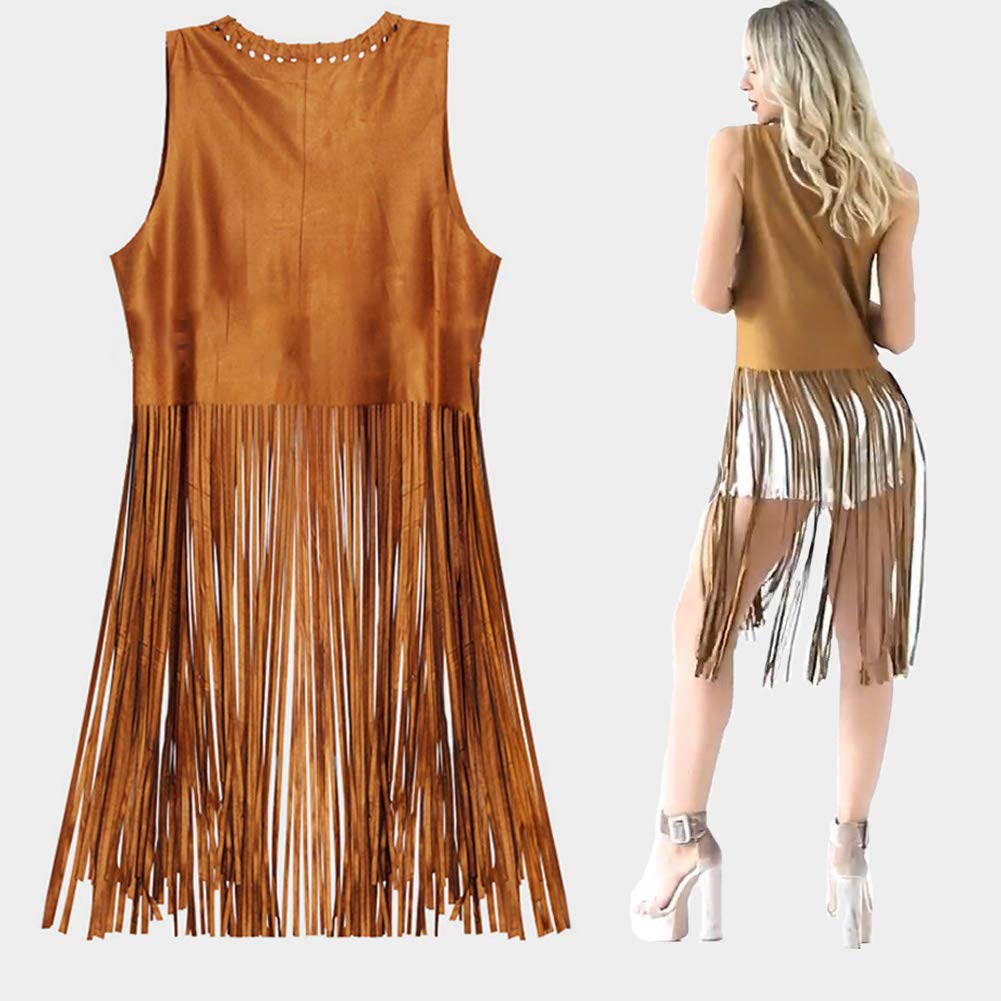 YADODO Hippie Costume Women Set Fringed Sleeveless Vest Hippie Clothing 60s 70s Vintage Outfit Girls Disco Costume Cowgirl Brown Vest Bolero Carnival Halloween Costumes Women M