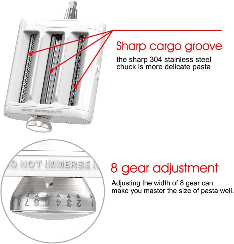 Pasta attachment for KitchenAid stand mixers. 3-in-1 set includes pasta roller, spaghetti cutter, and fettuccine cutter. Perfect accessory for making homemade pasta.