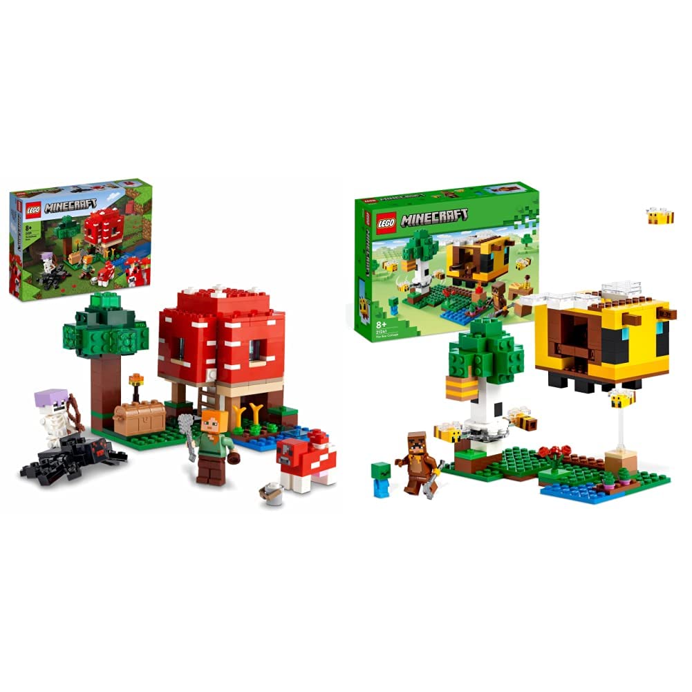 LEGO 21241 Minecraft The Bee Farm, Easter gift farm toy with buildable house & 21179 Minecraft The Mushroom House, toy for ages 8+, gift with figures of Alex, Mooshroom & Spider Jockey.