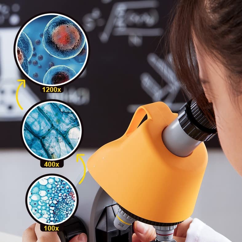 STEM microscope for kids beginner microscope with 40x - 1200x magnification children's microscope LED light science kit for students toy for kids boys girls age 6+ yellow
