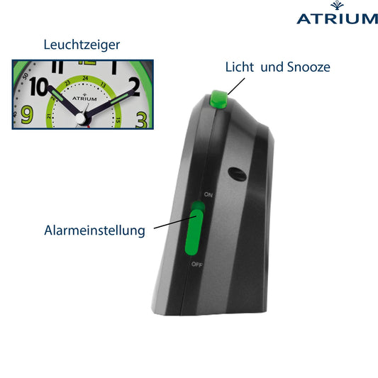 Atrium children's alarm clock analog quartz with light and snooze black green A921-7