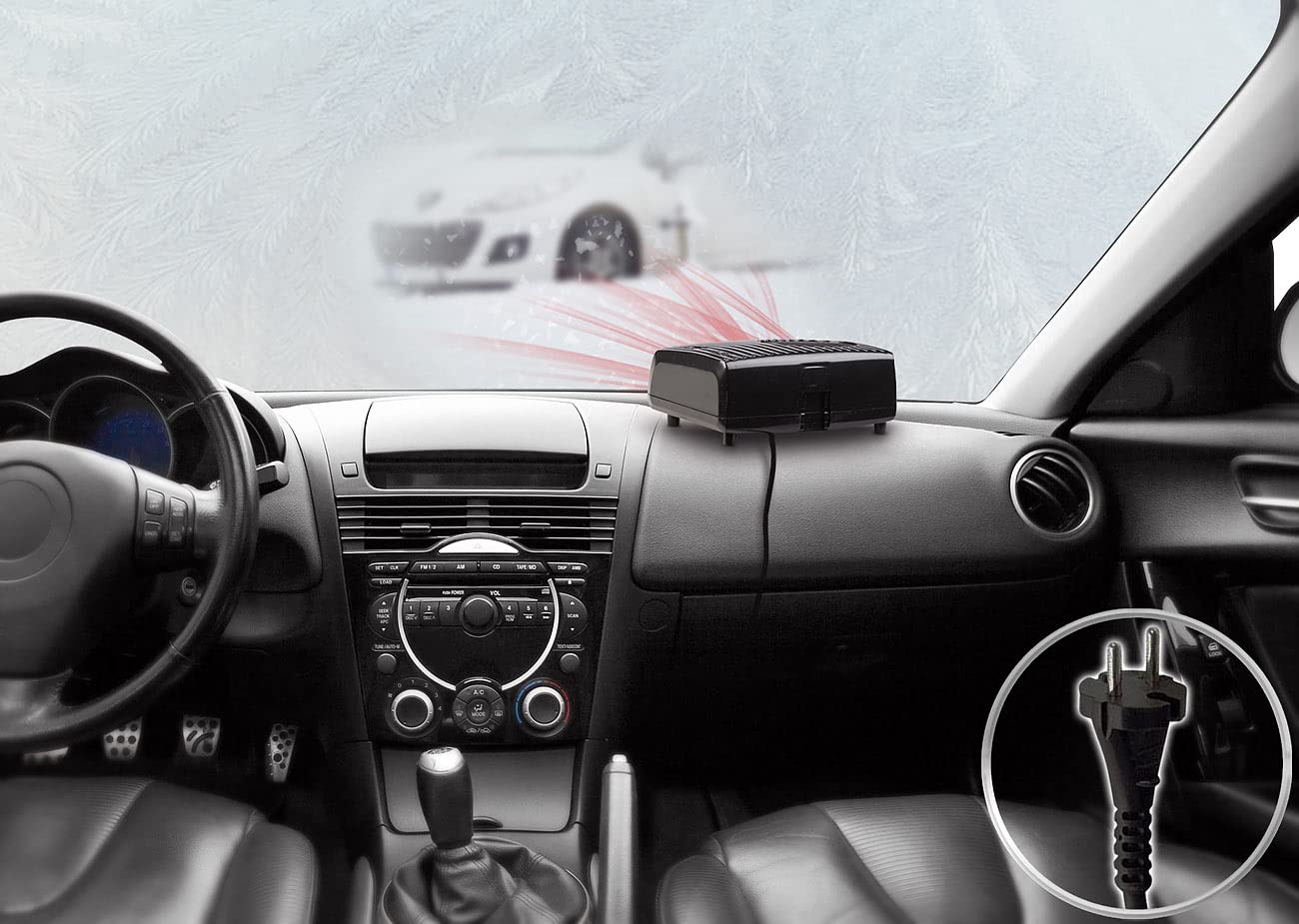 AGT Car Fan Heater: Electric ceramic auxiliary heater, 2 heat levels, 1,850 watts, 230V (defrost car windows electrically, electric window defroster, desk outlet).