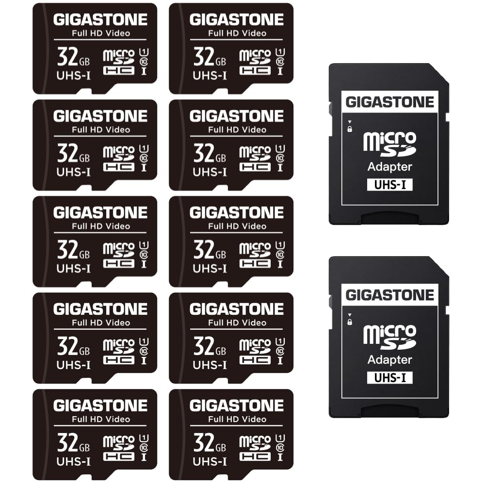 GIGASTONE 32GB MicroSDHC Memory Card 10-Pack + SD Adapter, for Action Camera, GoPro, Drone, and Tablet, Read speed up to 90MB/s, Full HD video recording, Micro SD Card UHS-I Class 10 U1.