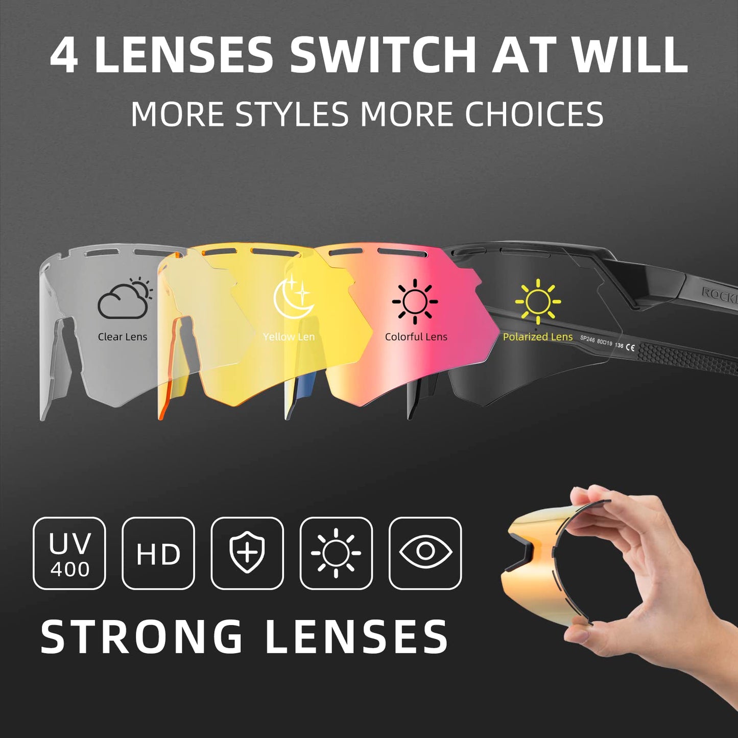 ROCKBROS Polarized Cycling Glasses with 4 Interchangeable Lenses Sunglasses Sports Glasses for Men and Women