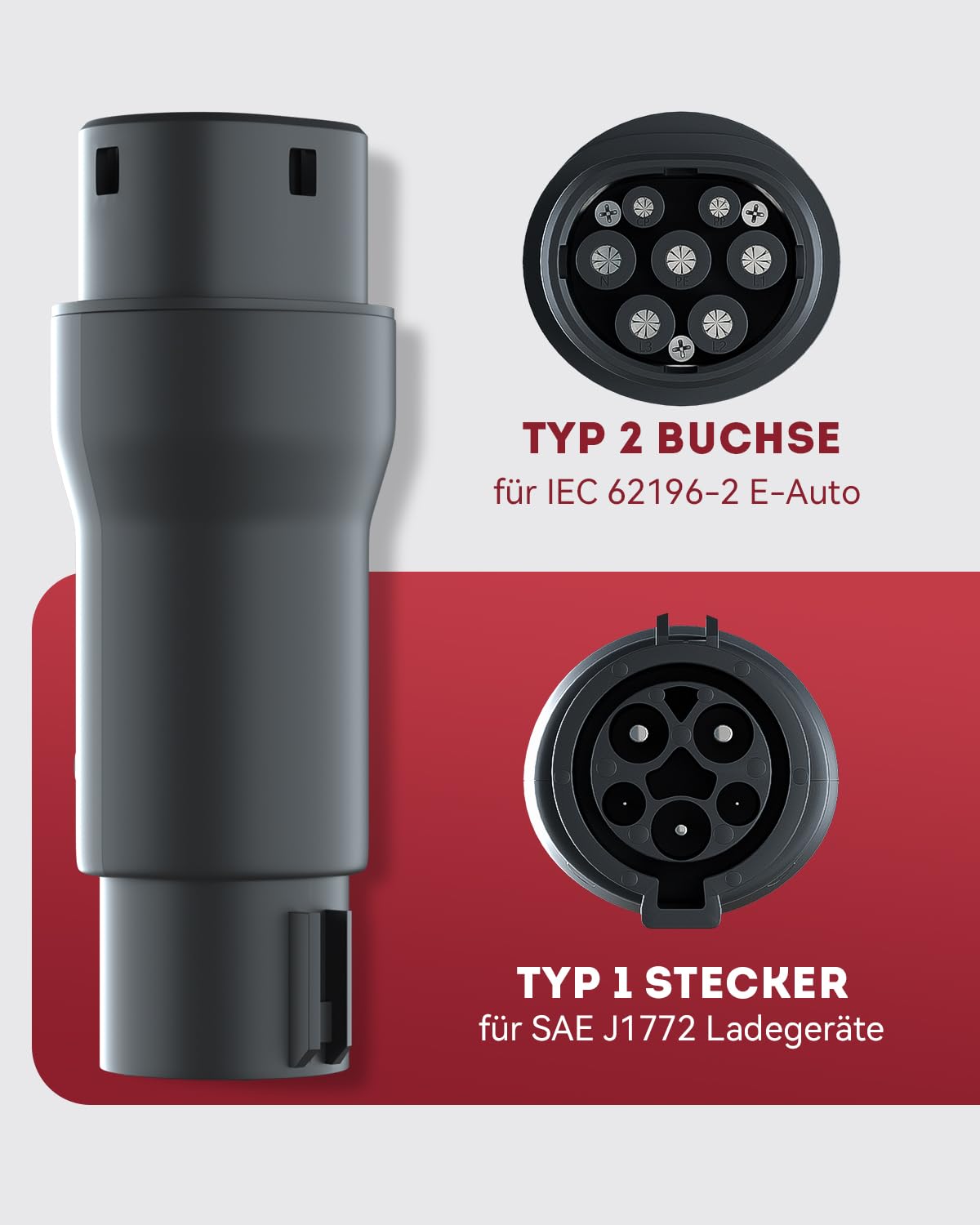 MCEVKELN EV charging adapter Type 1 to Type 2, single phase| IP54| 250V| 32A EV adapter for Type 2 PEV to Type 1 charging cable, car charger converter electric vehicle charging adapter, SAE J1772 to IEC 62196-2.