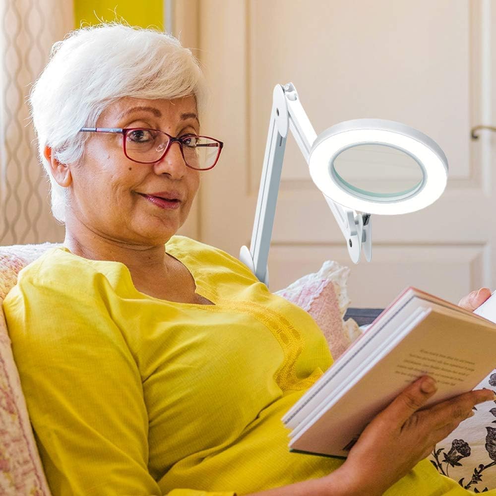 Beyamz LED magnifying lamp, 5 diopter magnifier with light - with clamp, swing arm, dimmable, 3 color modes, 105mm glass lens - magnifier for reading, crafting - 5x magnification