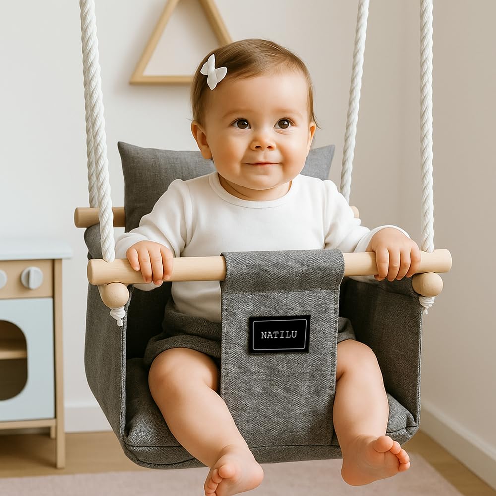 NATILU® Baby Swing Set Indoor Outdoor | Baby Swing | Baby swing Indoor | Wooden Kids Swing | Wooden Swing for Children | Swings for Door Frames (Silver)