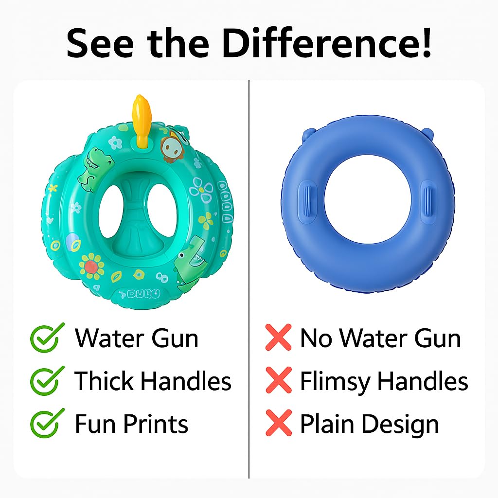 Inflatable dinosaur swim ring for kids with built-in water gun, extra thick PVC (0.25mm), for fun in the pool and at the beach.