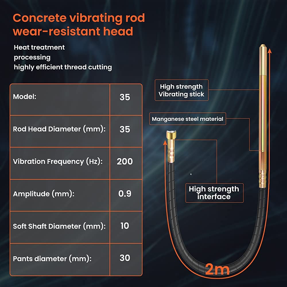 Anbull concrete vibrator, 1300W internal vibrator, bottle vibrator, 2m length concrete compactor, concrete vibrating bottle, mixing shaft speed 4800 rpm, vibration bottle diameter 35mm.